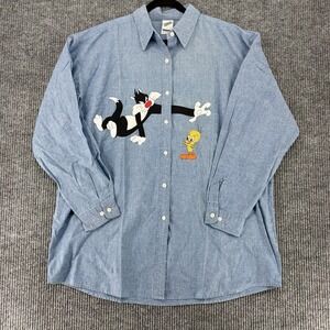 Looney Tunes Sylvester Tweety Chambray Shirt XL Embroidered NWT